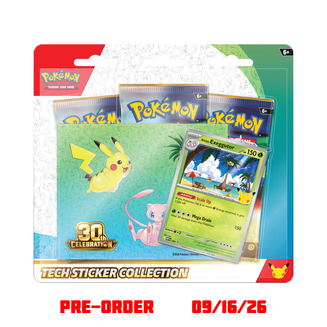 pokemon sticker cards TCG: 30th Celebration plus a sheet of tech stickers featuring Charmander and Mega Charizard Y or Gastly and Mega Gengar 1996 sticker card backs /