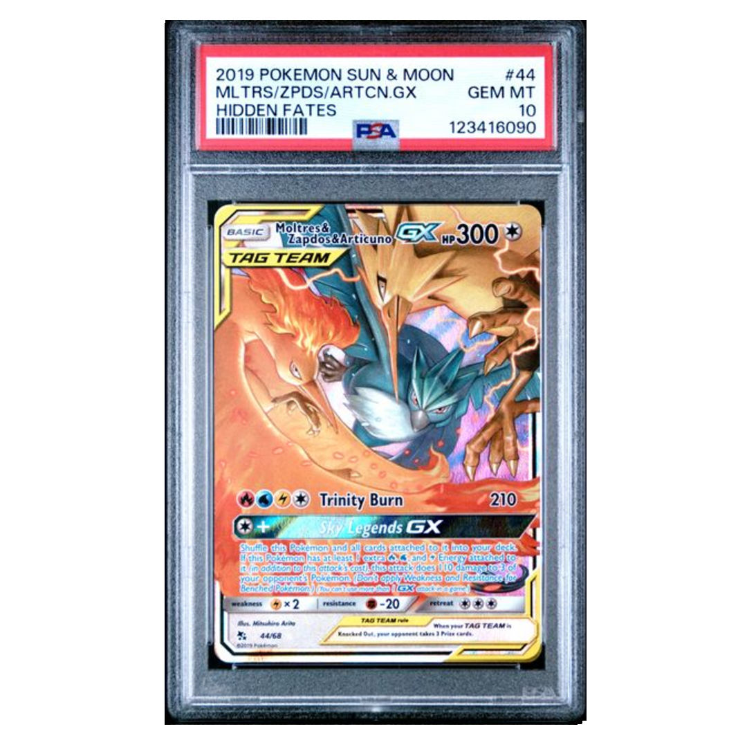 articuno pokemon card gx Moltres & Zapdos & Articuno GX Tag Team Hidden Fates #44 PSA 10