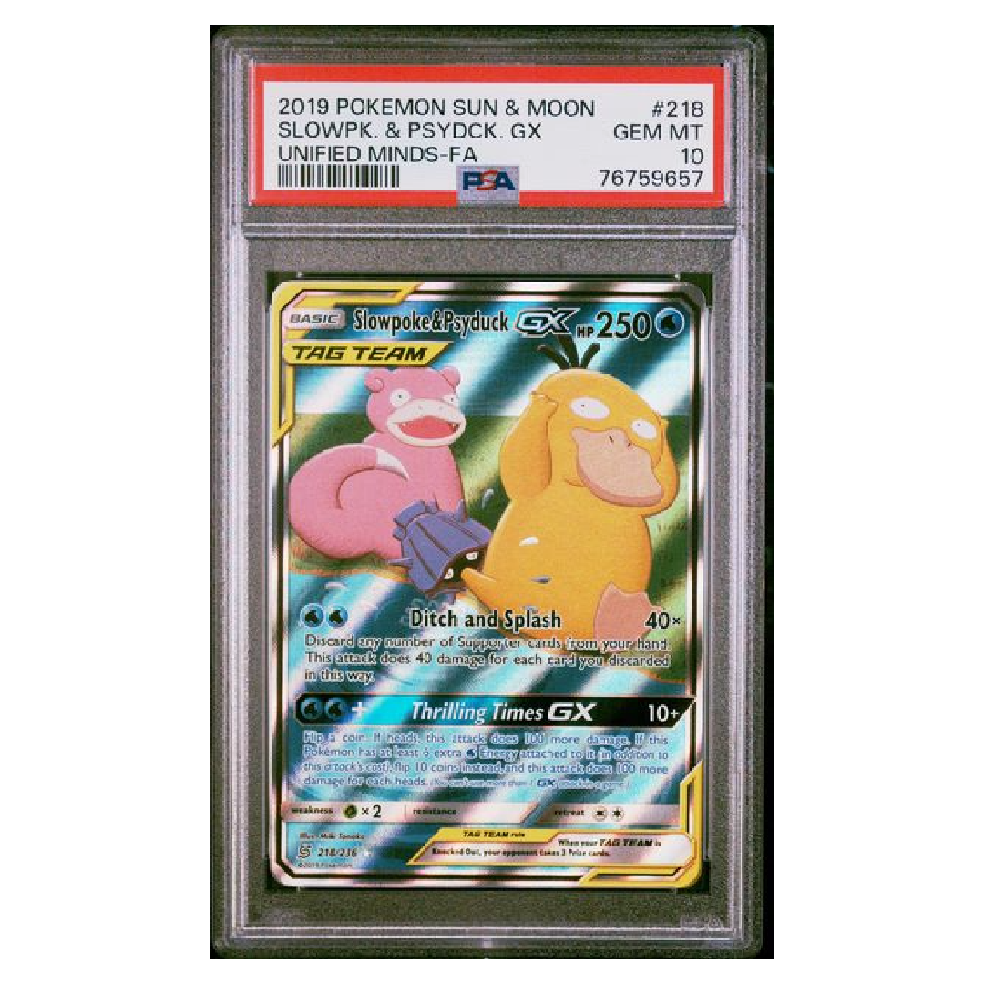 Slowpoke & Psyduck GX Alternate Art Unified Minds #218 PSA 10 Slowpoke & Psyduck GX Alternate Art Unified Minds #218 PSA 10