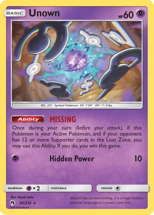 Unown 92/214 - Lost Thunder Reverse Holofoil - Poke-Collect