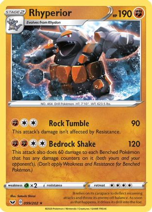 Rhyperior 99/202 - SWSH01 Sword & Shield Base Set Reverse Holofoil - Poke-Collect
