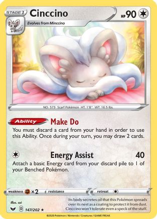 Cinccino 147/202 - SWSH01 Sword & Shield Base Set Reverse Holofoil - Poke-Collect