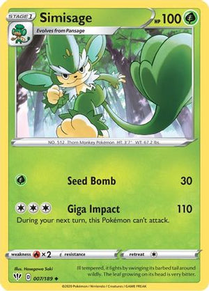 Simisage 7/189 - SWSH03 Darkness Ablaze Reverse Holofoil - Poke-Collect