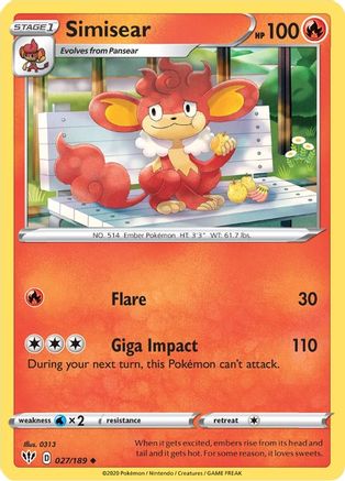 Simisear 27/189 - SWSH03 Darkness Ablaze Reverse Holofoil - Poke-Collect