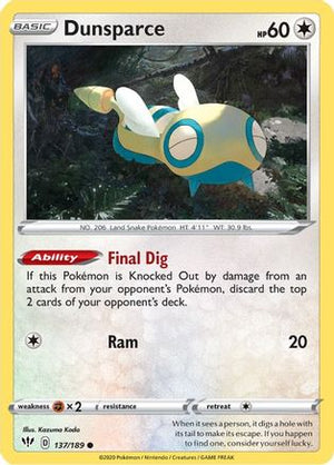 Dunsparce 137/189 - SWSH03 Darkness Ablaze Reverse Holofoil - Poke-Collect