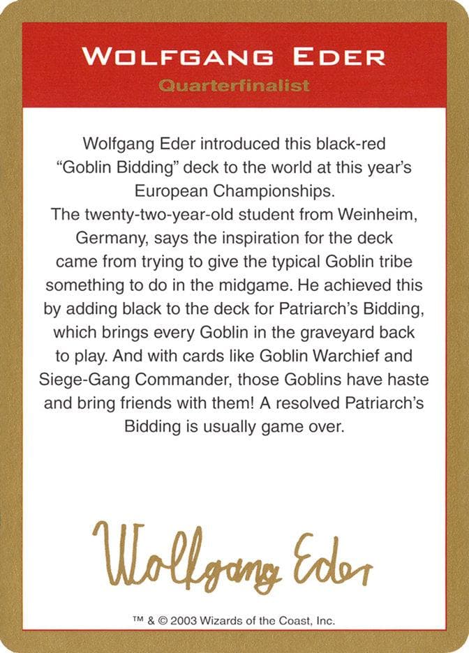 Wolfgang Eder Bio [World Championship Decks 2003] - Poke-Collect