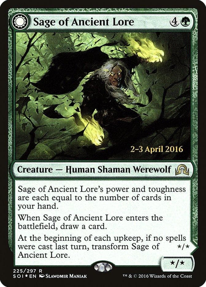 Sage of Ancient Lore // Werewolf of Ancient Hunger [Shadows over Innistrad Prerelease Promos] - Poke-Collect